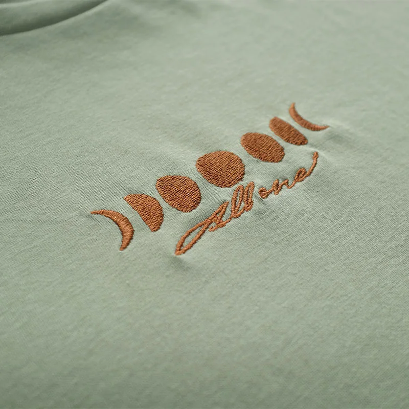 Moonphases Organic Embroidery Tee - Olive Green / Dark Brown